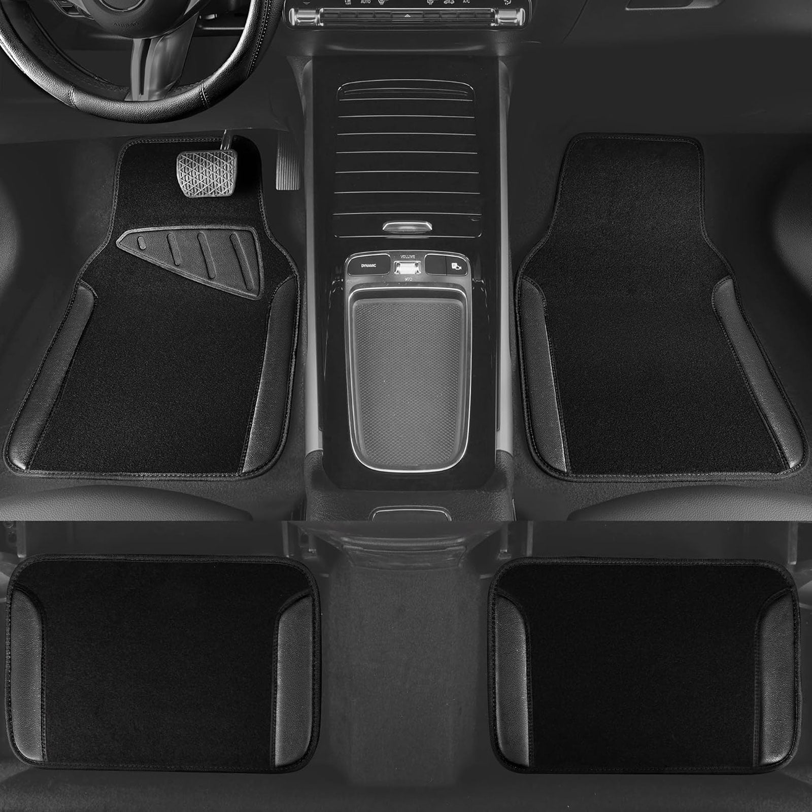 CAR GRAND Faux Leather Car Steering Wheel Cover Combo Pack Car Floor Mats, Universal Fit Waterproof Anti-slip Carpet 14.5-15 Inches Black & Black