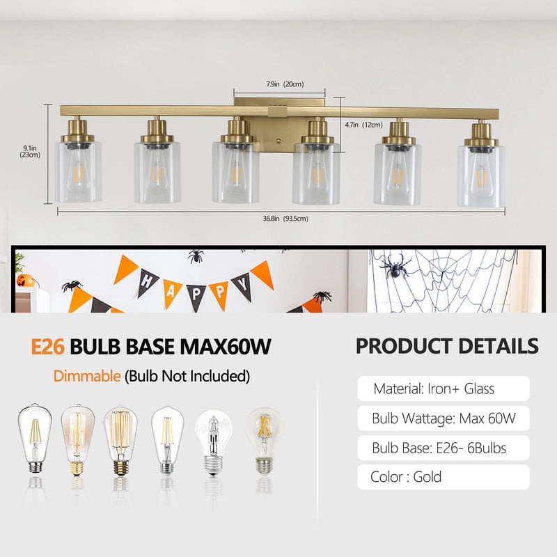 37" Gold 6-Light Bathroom Vanity Light Fixture, Modern Wall Sconce with Clear Glass Shades, Bathroom Light Fixtures Over Mirror for Vanity, Dressing Table, Hallway (Bulbs Not Included)