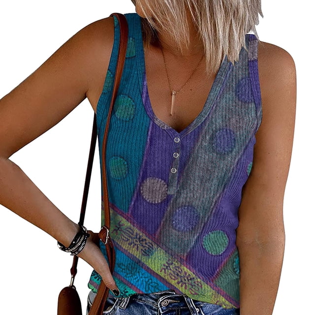 Womens Tank Summer Buttons Sleeveless V-Neck Casual Blouse