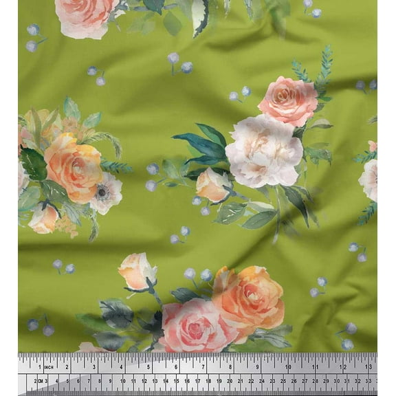 Soimoi Green Cotton Duck Fabric Leaves & Begonia Floral Printed Craft Fabric by the Yard 42 Inch Wide