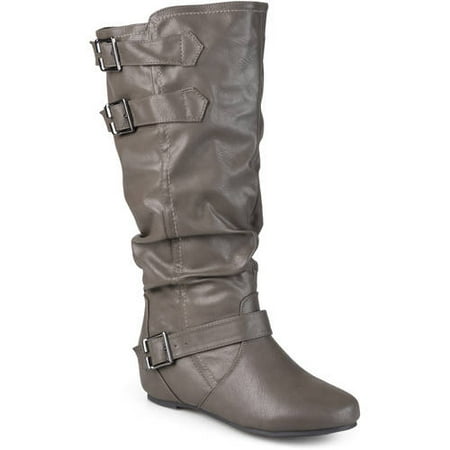 Women's Extra Wide Calf Buckle Slouch Low-wedge Boots