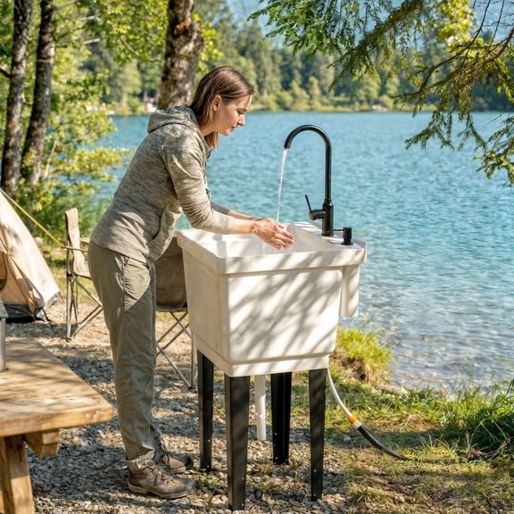 Portable Utility Sink Laundry Tub, Freestanding Laundry Sink with Faucet Soap Dispenser Hoses, White