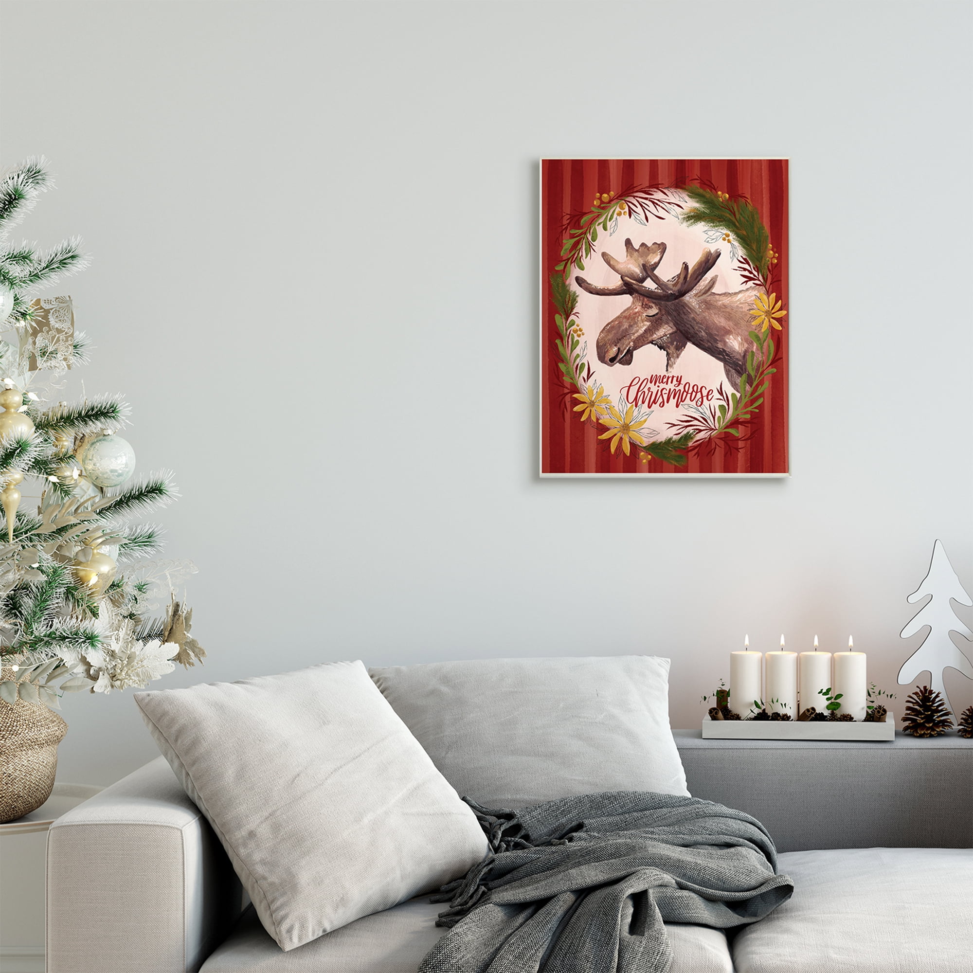 Stupell Industries Merry Chris-Moose Holiday Wreath Rustic Animal Pun Animals & Insects Painting Unframed Art Print Wall Art, 13 x 19