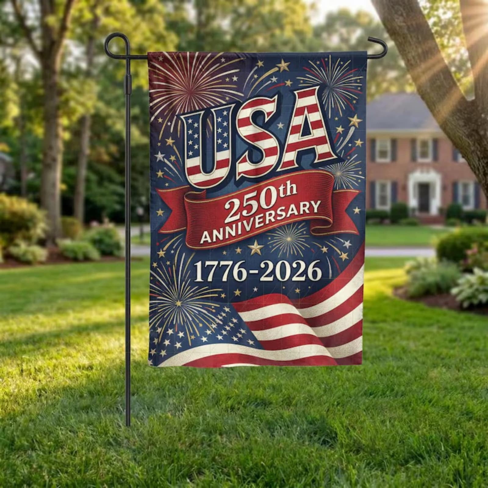 Patriotic Garden Flag USA 250th Anniversary Yard Banner 1776-2026 Semiquincentennial Garden Decoration with Fireworks Design for Outdoor Porch Lawn