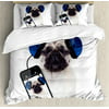 Pug King Size Duvet Cover Set, Dog Listening Music on the Smartphone Groovy Cool Headphones Animal Funny Image, Decorative 3 Piece Bedding Set with 2 Pillow Shams, Navy Blue Black, by Ambesonne