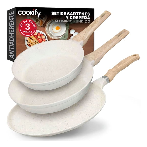 Set de 3 Piezas de Sartén Antiadherente de Mármol Cookify (Beige, 20 cm, 24 cm y Crepera 28 cm)