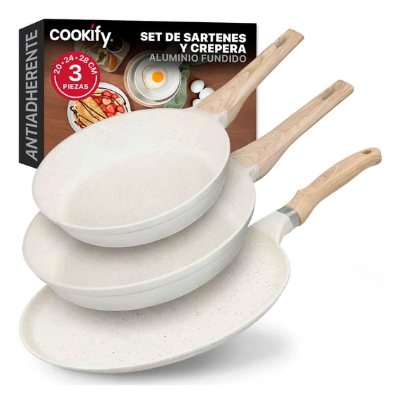 Set de 3 Piezas de Sartén Antiadherente de Mármol Cookify (Beige, 20 cm, 24 cm y Crepera 28 cm)