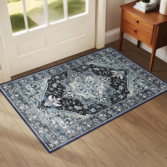 Noahas Vintage 2x3 Washable Rug for Entryway, Non Slip Small Indoor Front Door Rug, Soft Low Pile Rugs for Entrance Kitchen Bedroom Bathroom, Blue