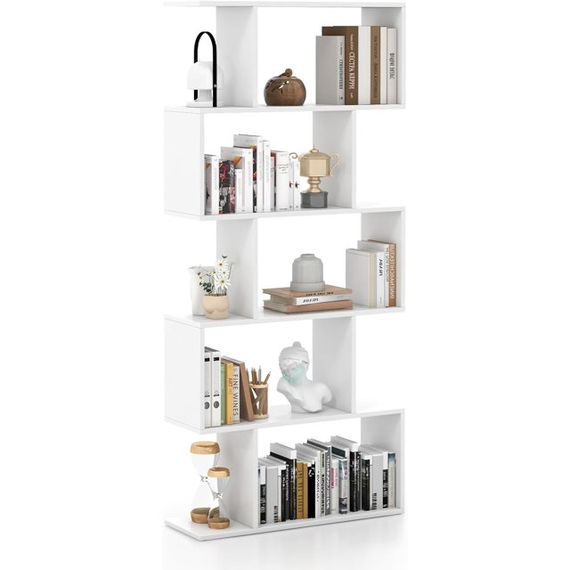 ZYPPPA 5-Tier Geometric Bookshelf, S Shaped Bookcase w/Anti-Toppling Device, Freestanding Room Divider, Industrial Home Office Decor Wood Open Storage Display Shelf for Living Room (1, White)