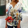 thumbnail image 2 of CYMMPU Fall Trendy Shirts 3/4 Sleeve Flower Pattern Loose Fit Spring Tunic Tops Button V Neck Flare Sleeve Blouses for Women Dressy Casual Pleated Dressy T-Shirts Red L, 2 of 5