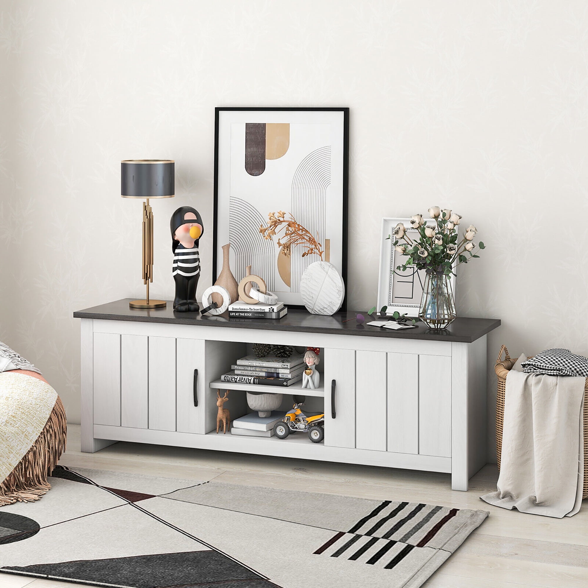 Gymax Farmhouse TV Stand for TVs up to 65'' Media Console Center w/ Doors Cubbies Black