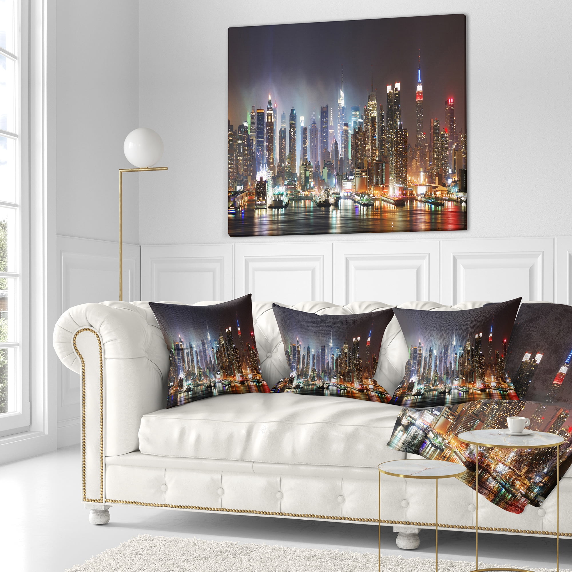 Designart Lit NYC Manhattan Skyline - Cityscape Photo Throw Pillow - 18x18