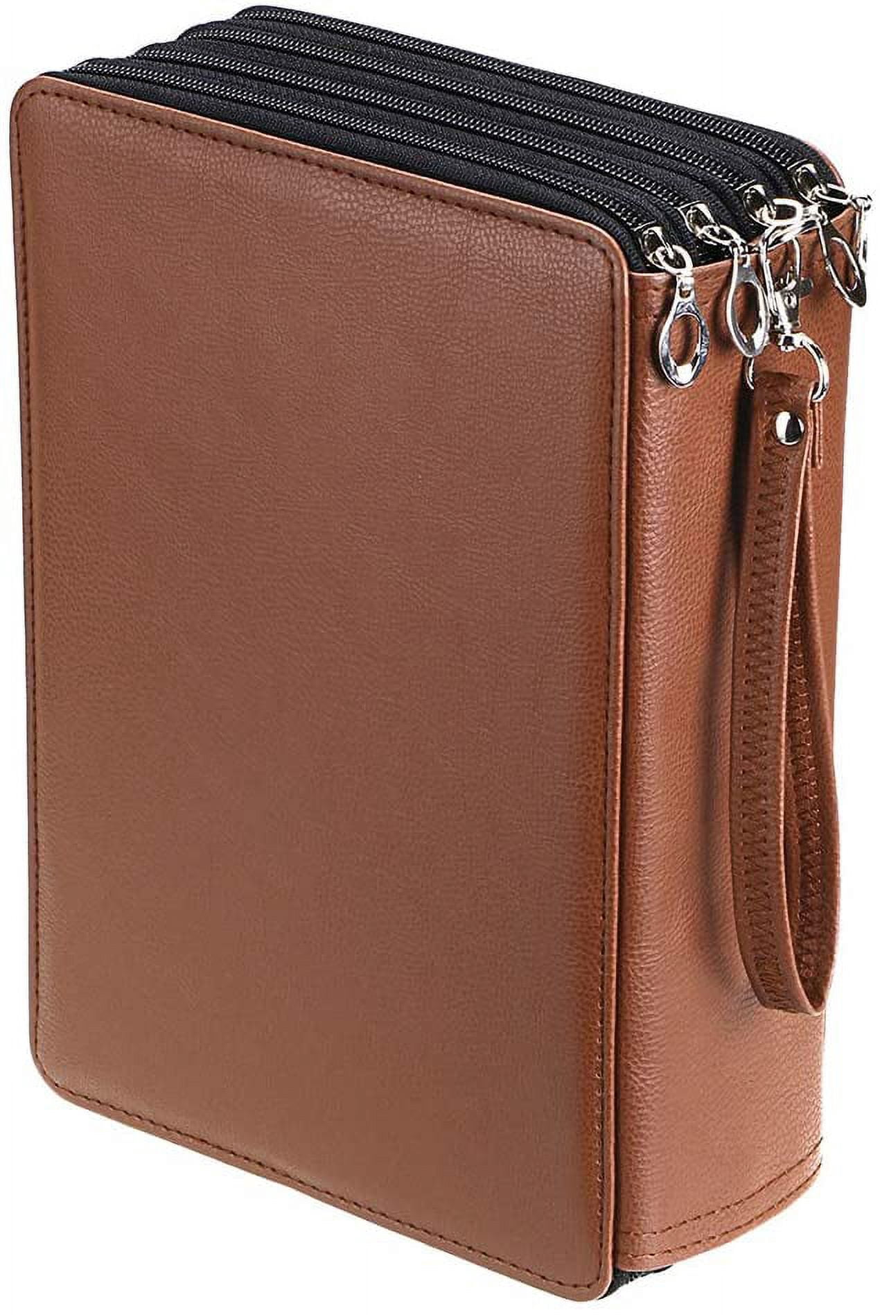 200 Slots Colored Pencil Organizer - Deluxe PU Leather Pencil Case Holder with Removal Handle Strap Pencil Box Large for Colored Pencils Watercolor Pencils Brown