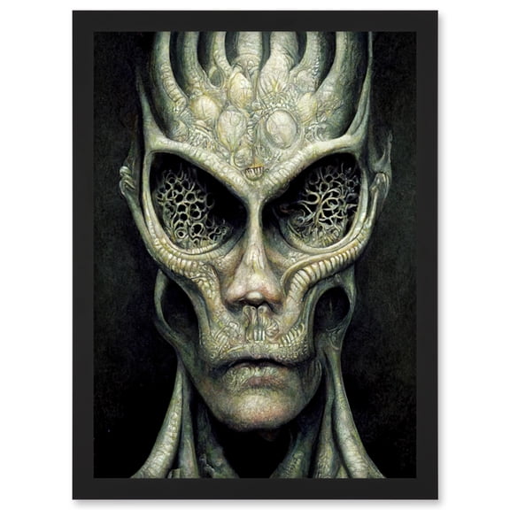 Gray Alien Gothic Horror Dark Monochrome Artwork Framed Wall Art Print A4