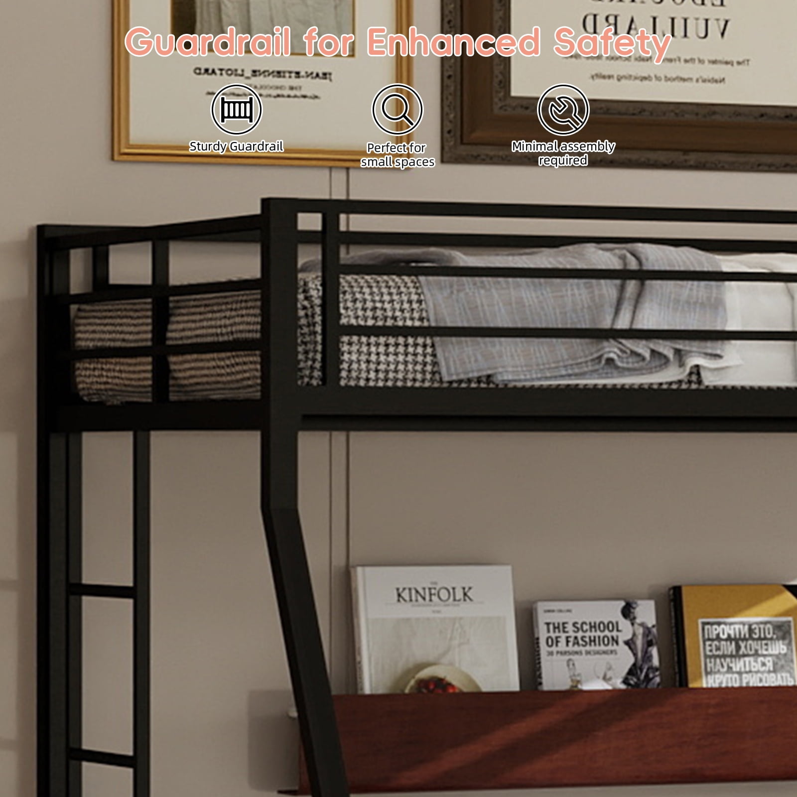 Miniyam Twin over Full Metal Bunk Bed with Trundle, Square Tube Frame, Space Saving Bunk Bed with Ladder, Black