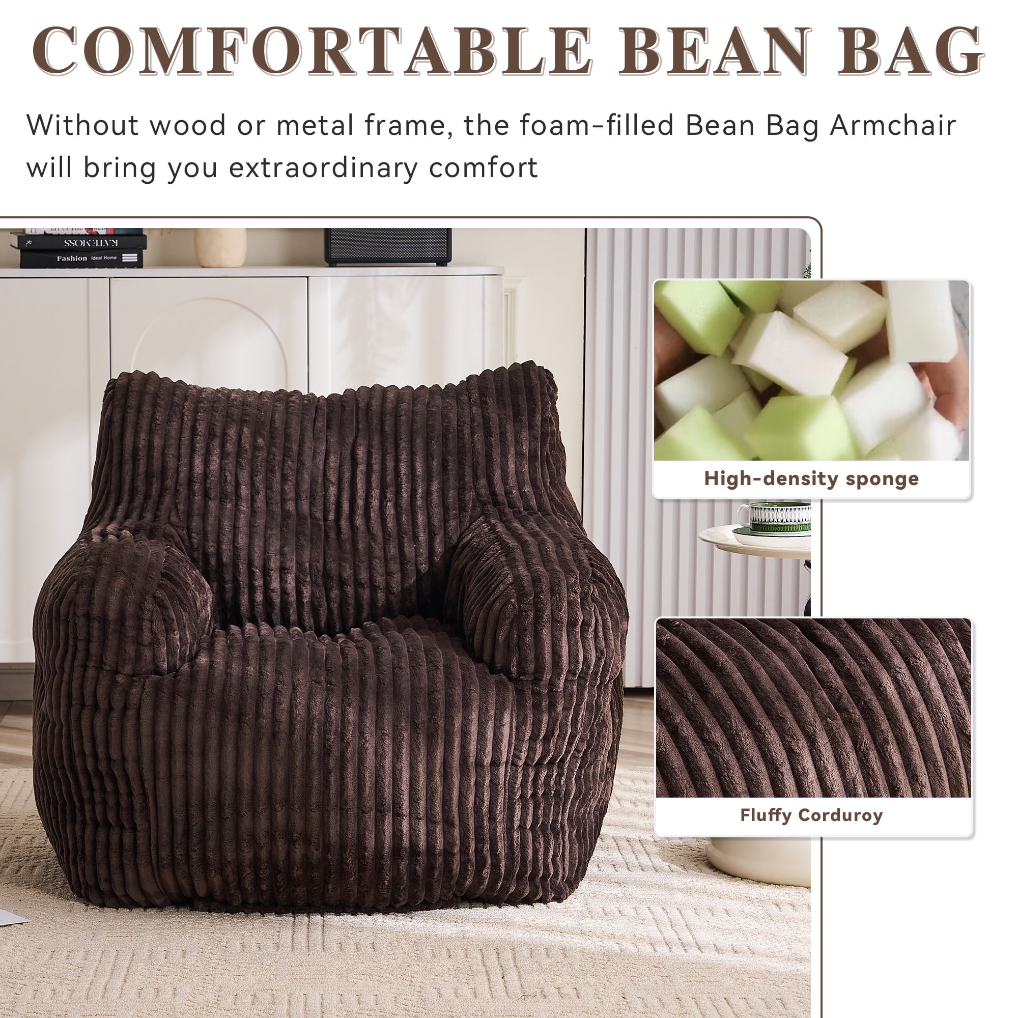 Bean Bag Chair with Filling BeanBag for Adults with Armrest Comfy Corduroy Fabric Lounge Lazy Floor Chair with Memory Foam Filler Fluffy Bean Bag for Dorm Living Room Bedroom Brown
