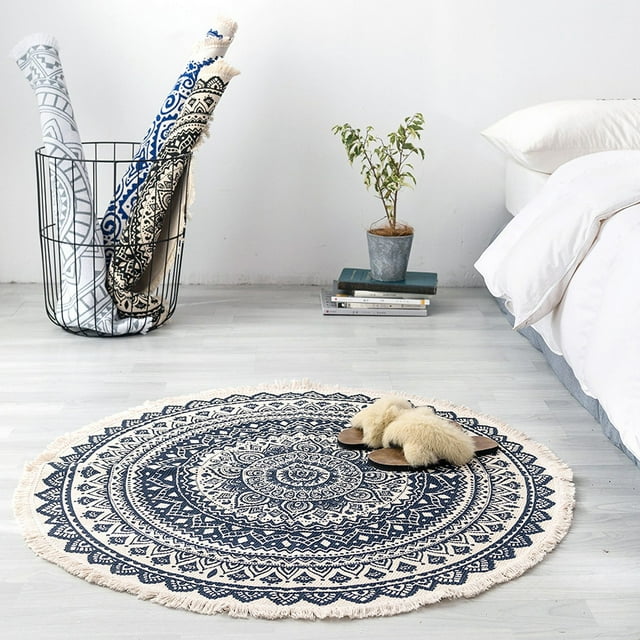 Rug Living Room Round Handwoven Cotton Rug Mandala Pattern Bohemian Vintage Style With Pompoms Machine Washable For Bedroom Hallway Living Room Coffee Table 60cm Flower XLS34