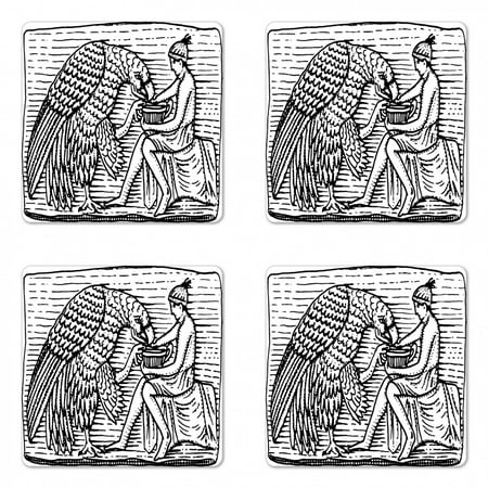 

Black and White Coaster Set of 4 Hand Drawn Greek Scene with Giant Eagle Woodcut Monochromatic Sketch Square Hardboard Gloss Coasters Standard Size White and Black by Ambesonne
