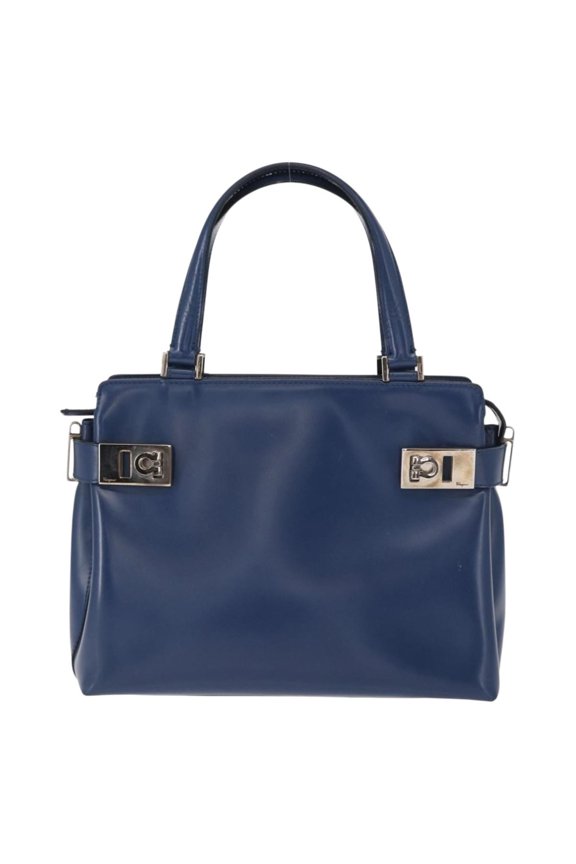 Pre-Owned Salvatore Ferragamo Double Gancini Side Buckle Tote Leather Blue Leather Handbag