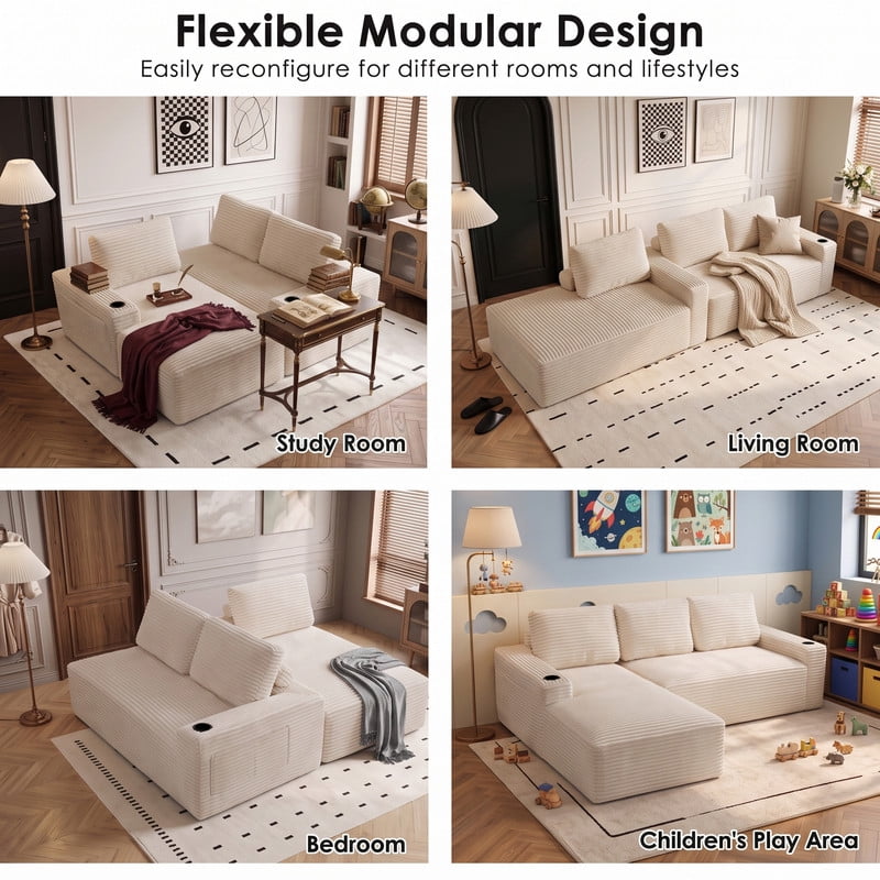 Anpport 104" Boneless Cloud Modular Sectional Couch, Corduroy Sofa with Cup Holders, Side Pockets, Deep Seat, No Assembly Required for Living Room, White (L‑Shaped, Left Facing Chaise)