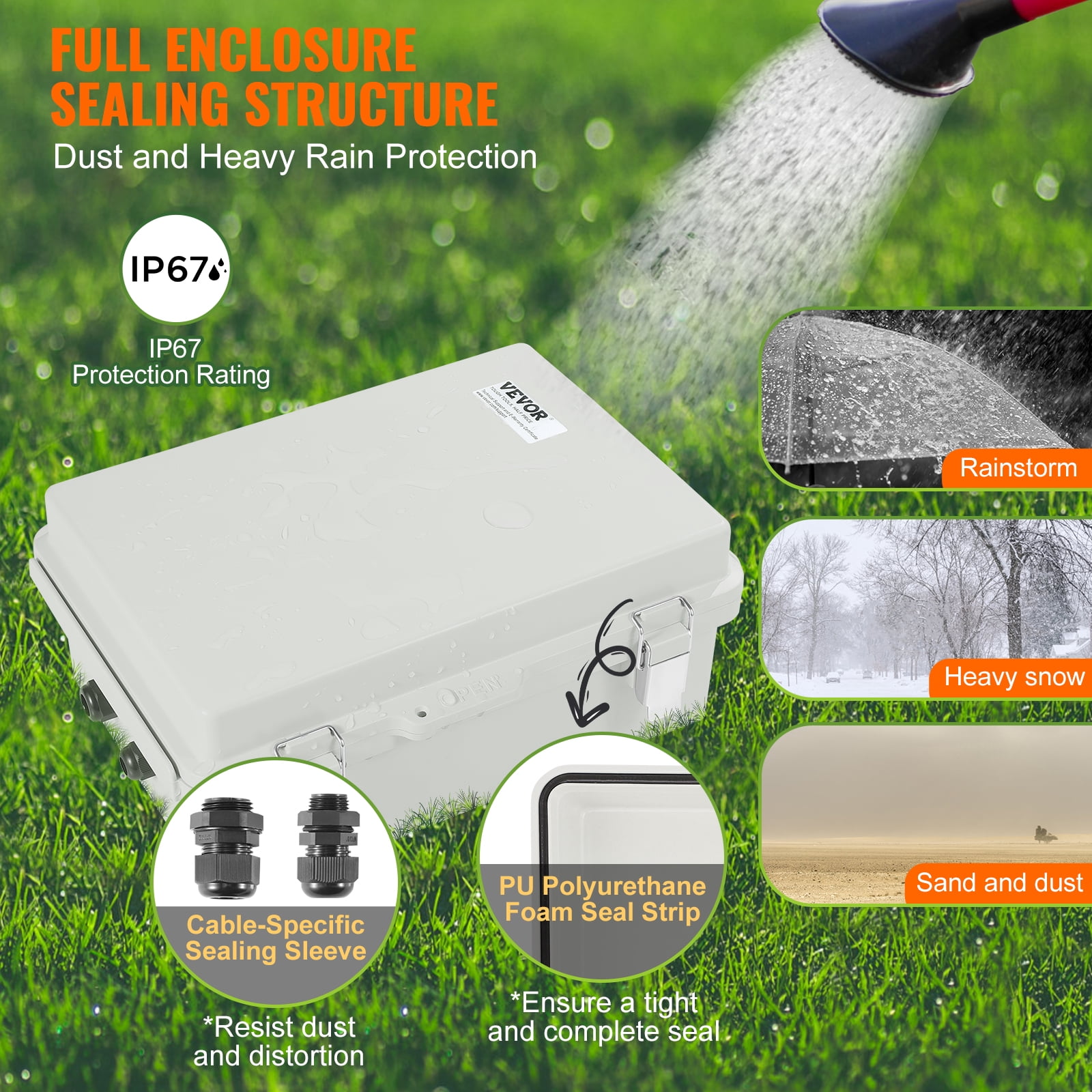 VEVOR Outdoor Electrical Junction Box, 16.93 x 12.99 x 7.09 in, ABS Plastic Electrical Enclosure Box with Hinged Cover Stainless Steel Latch, IP67 Dustproof Waterproof