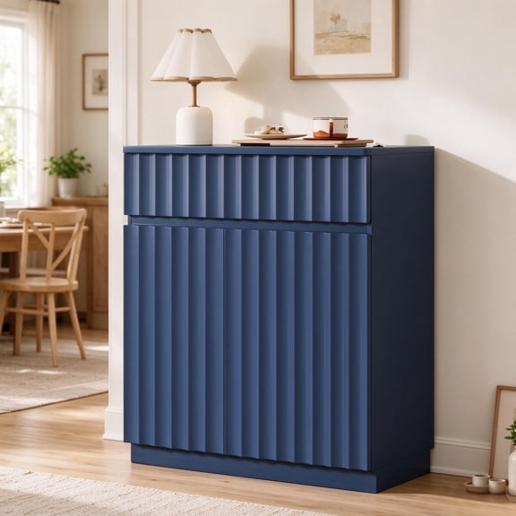 WARAYZ Mid Century Modern Fluted Wave Door Sideboard Buffet Cabinet, 2 Doors, Drawer, 31",Blue