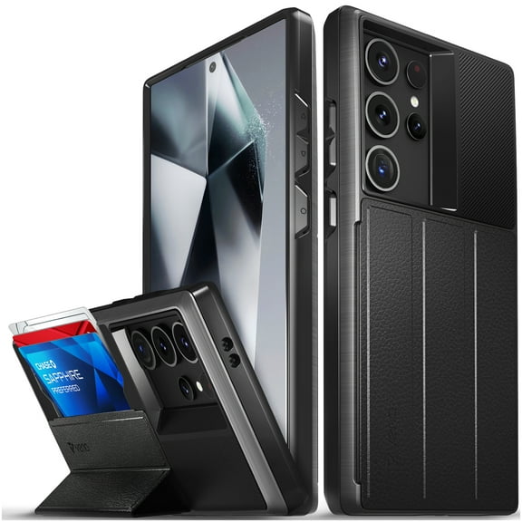 Vena vCommute Wallet Case for Samsung Galaxy S24 Ultra (2024), (Military Grade Drop Protection) Flip Leather Cover Card Slot Holder with Kickstand - Space Gray / Black