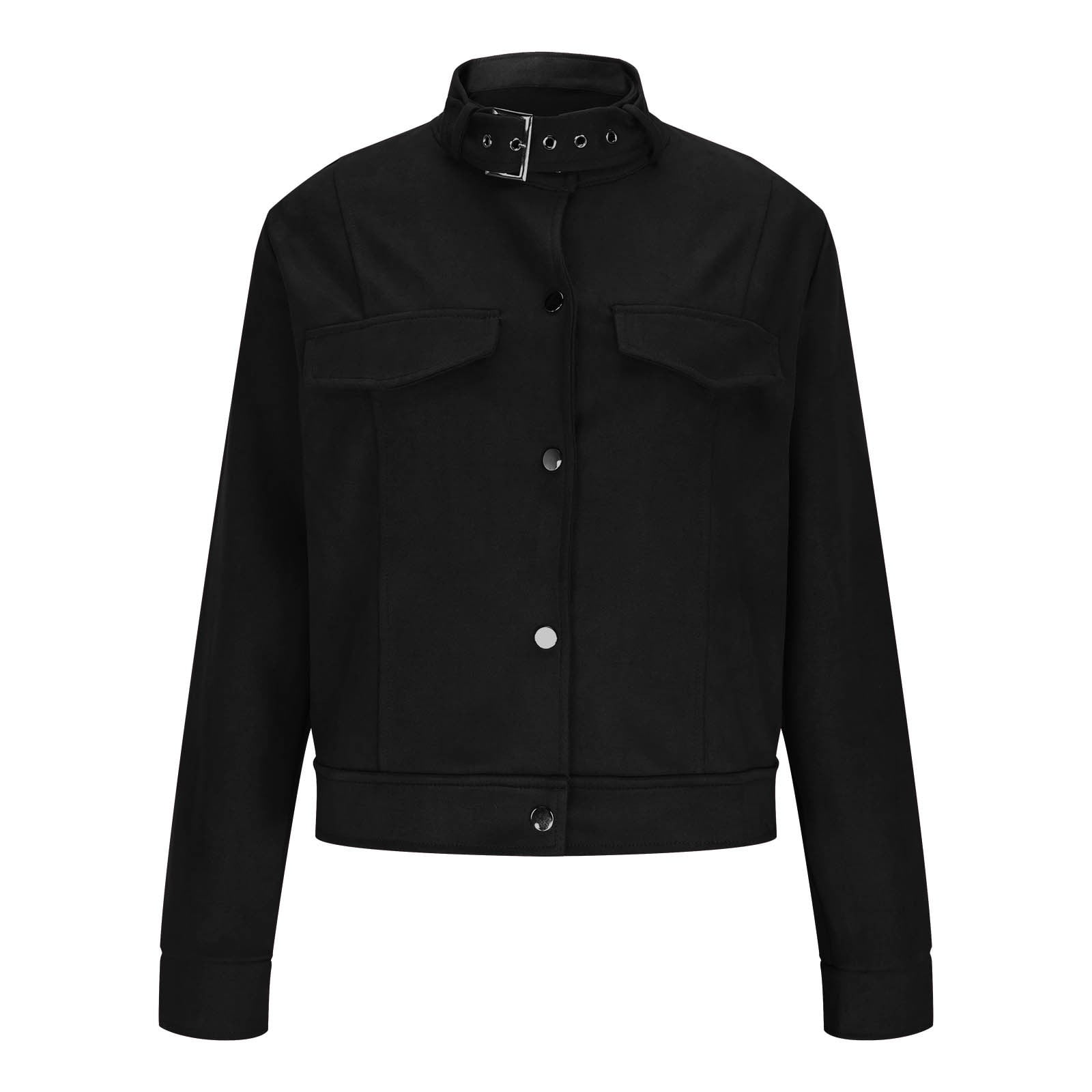 Women's Cropped Moto Stretch Jacket Stand Collar Button Front Long