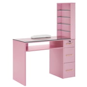 BarberPub Nail Desk with Galss Top, Manicure Table with Drawers and Storage Shelves