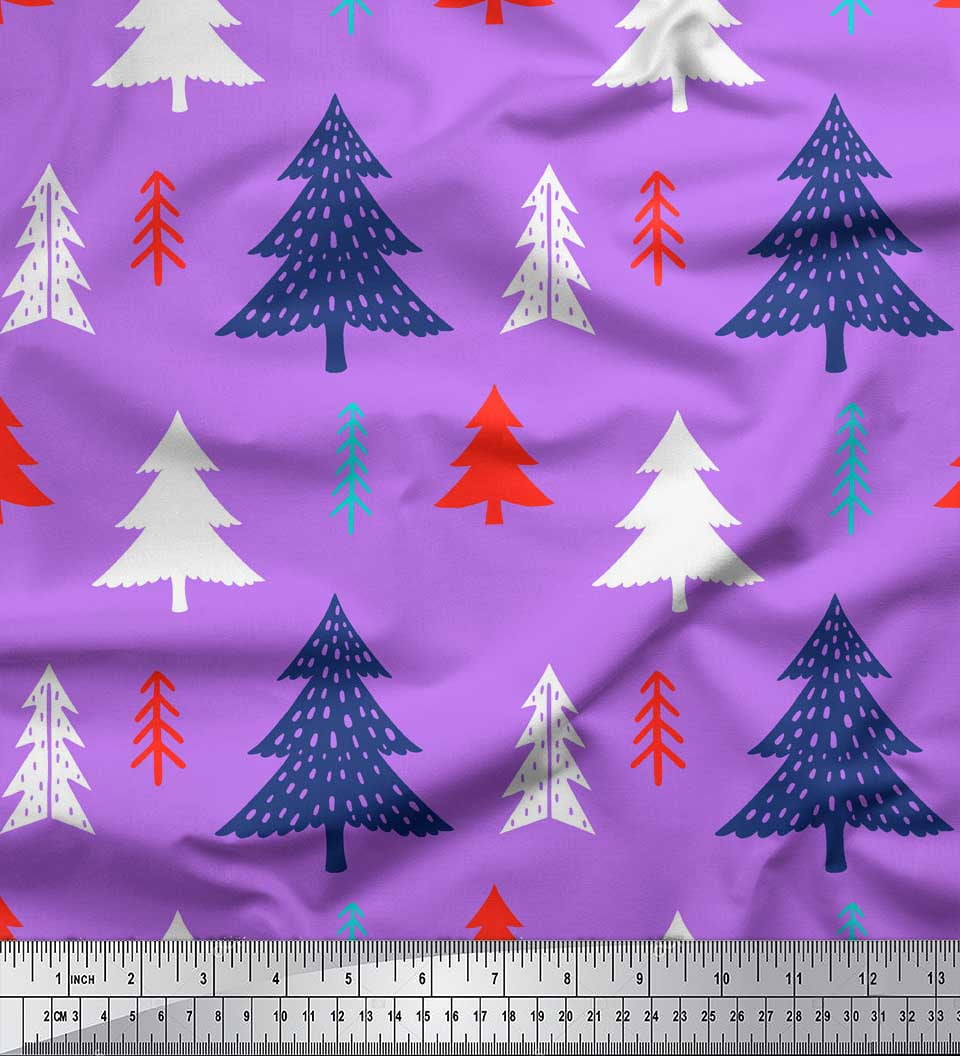 Soimoi Purple Cotton Voile Fabric Christmas Tree Print Fabric by the Yard 56 Inch Wide