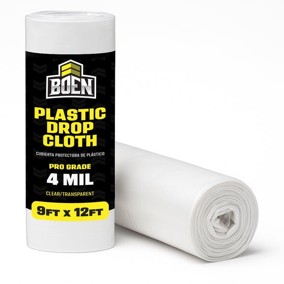 BOEN 9 ft x 12 ft Plastic Drop Cloth, 4 Mil Thick, Waterproof, Disposable