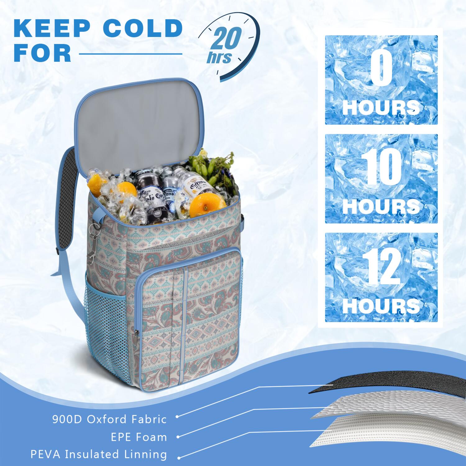 Travel Cooler Bag - Boho Bohemia Pioneer Flower Geometric Line Art Camping Beer Cooler Backpack with Bottle Opener- Waterproof Insulated Picnic Backpacks - Cooler Bag for Beach