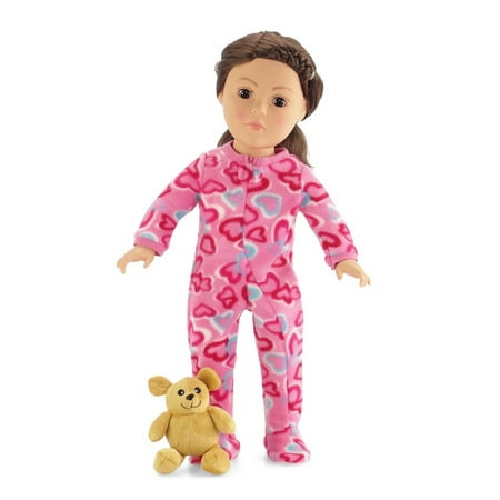 American Girl Doll Knockoff 18 Inch Doll Pink Footed Heart Pajamas with Teddy Bear | Clothes Fit American Girl Dolls | Onesie Style | Gift Boxed! ()