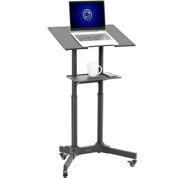 Black Mobile 24" Height Adjustable Rolling Podium, Lectern, Laptop Workstation