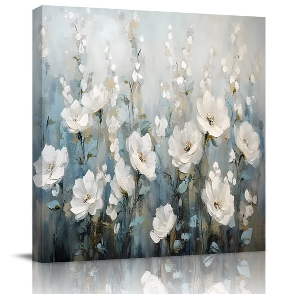 Wall Art Prints, White Floral Framed Canvas Prints for Bedroom Living Room Bathroom Office, Spring Abstract Oil Painting Plant Gallery Wrap Wall Art Poster for Gifts Home Decor 8"x8"