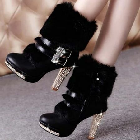 

OKBOP Women s High-Heels Ankle Boots-Zipper Winter Snow Christmas Walking Shoes Women Red Cowgirl Boots Retro Warm Womens Boots Clearance