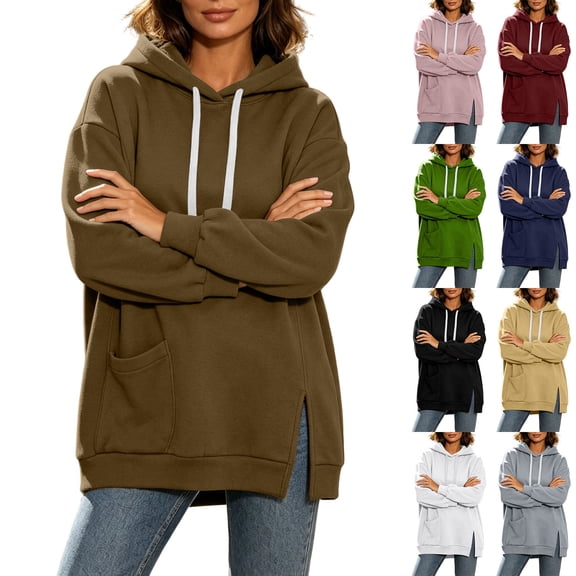 Feancey Womens Oversized Pullover Hoodie Split Hem Casual Drawstring Hoodies Drop Shoulder Long Sleeve Hooded Sweatshirts with Pocket 2026 Fall Winter Clothes Black L