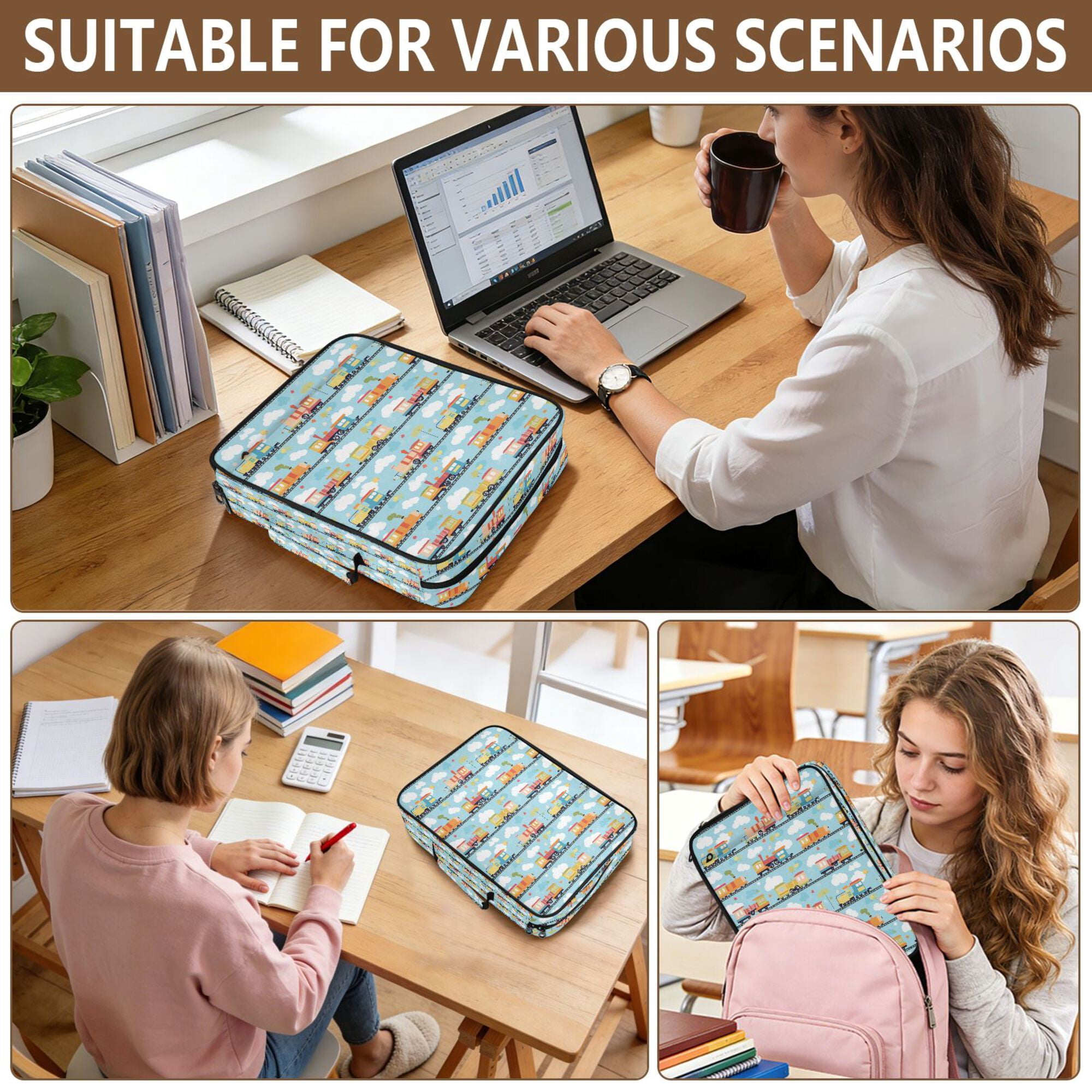 FORMRS Accordion File Folder A4 Size 7-Pocket Expanding Document Organizer Bag with 3 Ring Binder, Cartoon Train Pattern
