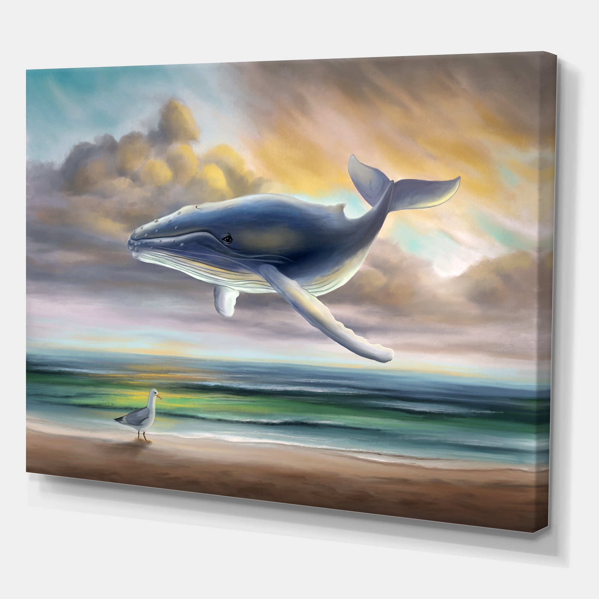 Designart ' Whale Floating In The Sky Over Beach ' Children's Art Canvas Wall Art Print