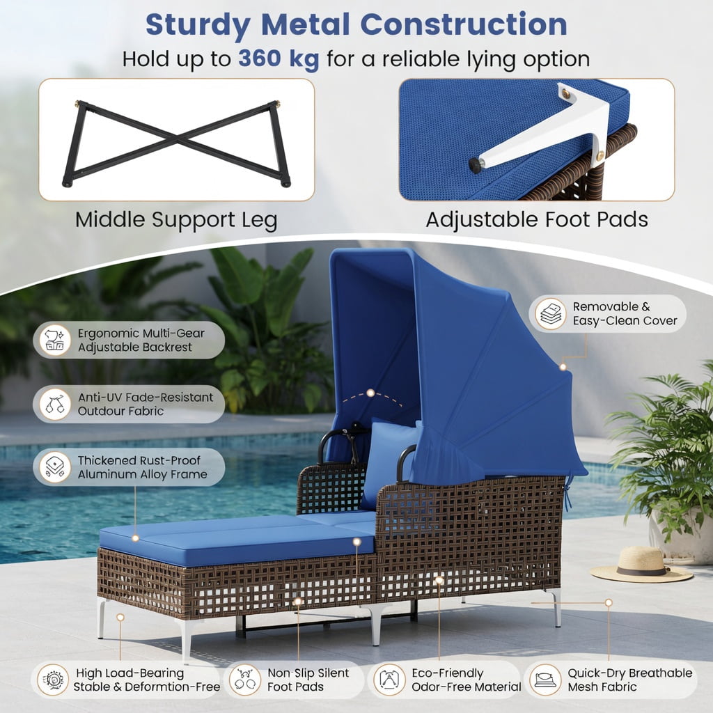 Hommoo Outdoor Daybed with Retractable Sun Canopy, PE Wicker Patio Lounger with Cushions, Ideal for Backyard, Poolside & Garden, Navy