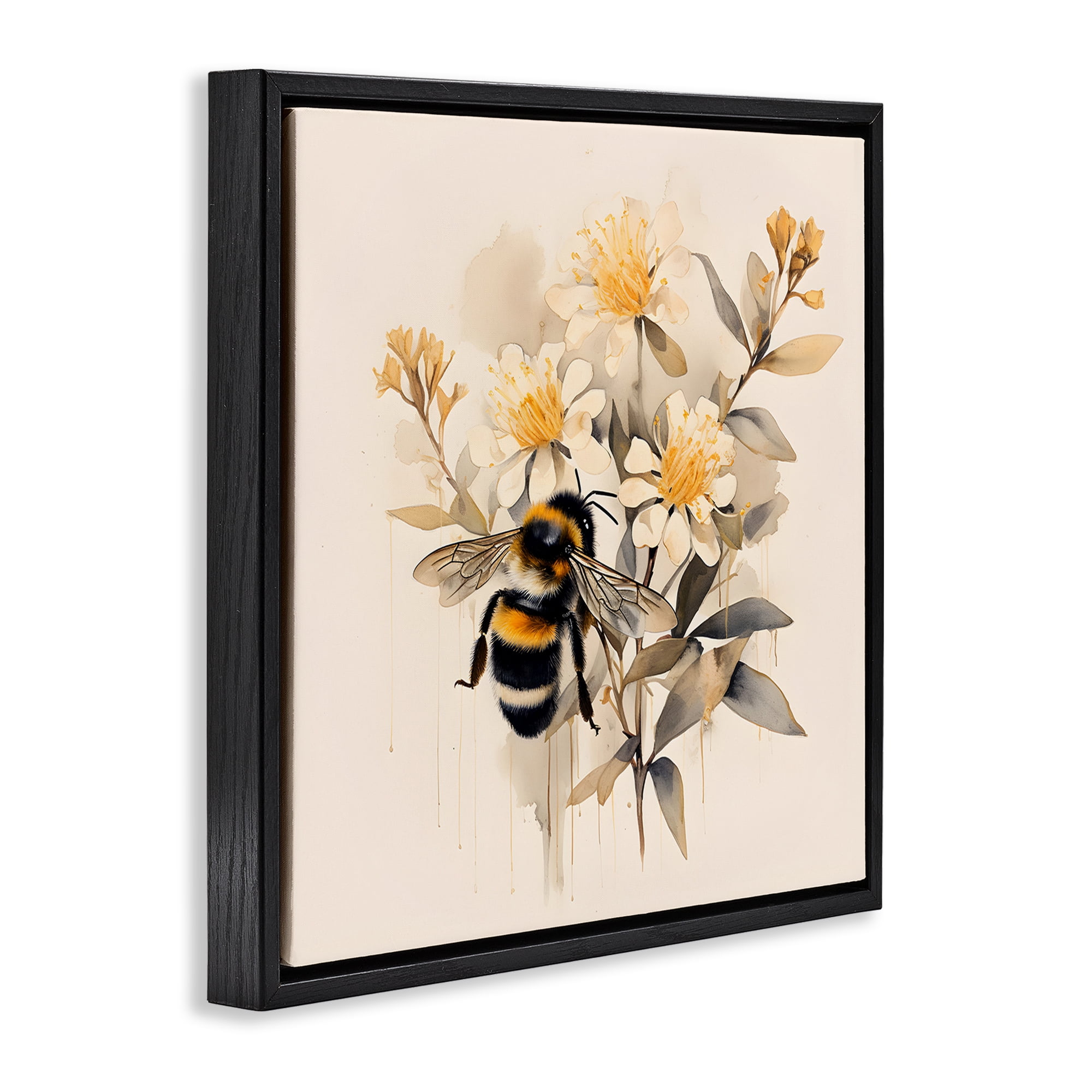 Stupell Industries Honeybee with Daisies Animals & Insects Painting Black Floater Framed Canvas Art Print Wall Art, 18 x 18
