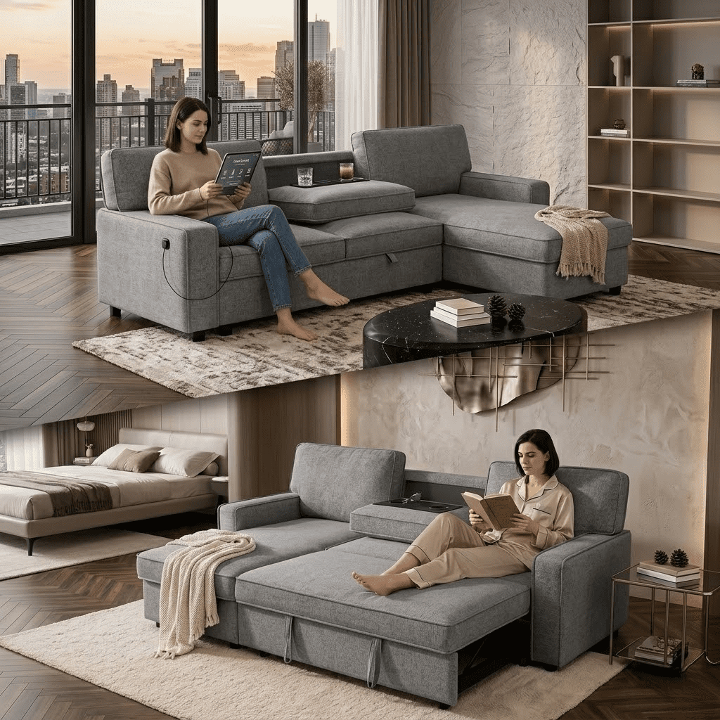 Howcool Sectional Sleeper Sofa,L Shaped Chenille Convertible Sofa Bed 89" 3 Seater with Flip-Down Center Console & USB Charging Ports,Pull Out Couch for Living Room Apartment Office,Light Grey