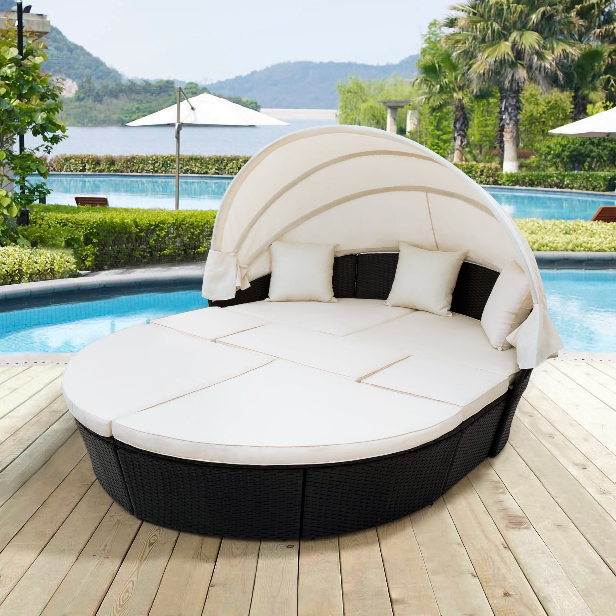 Outdoor Conversation Sets Round Patio Daybed Sunbed With Retractable Canopy And Beige Cushion Rattan Wicker Furniture Sectional Sofa Set For Garden Backyard Pool W15934 Com Round Patio Daybed Sunbed, Round Outdoor Chair With Canopy