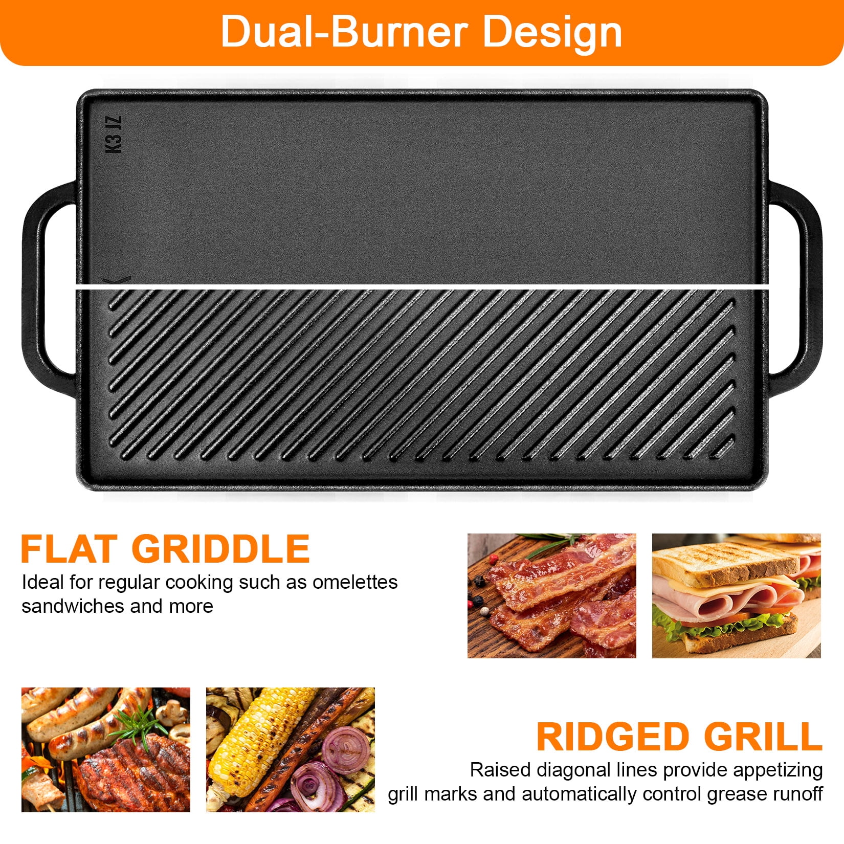 Uscover Cast Iron Reversible Grill and Griddle Pan 15x9 Inches with Handles for Gas Grill & Stove Top Black