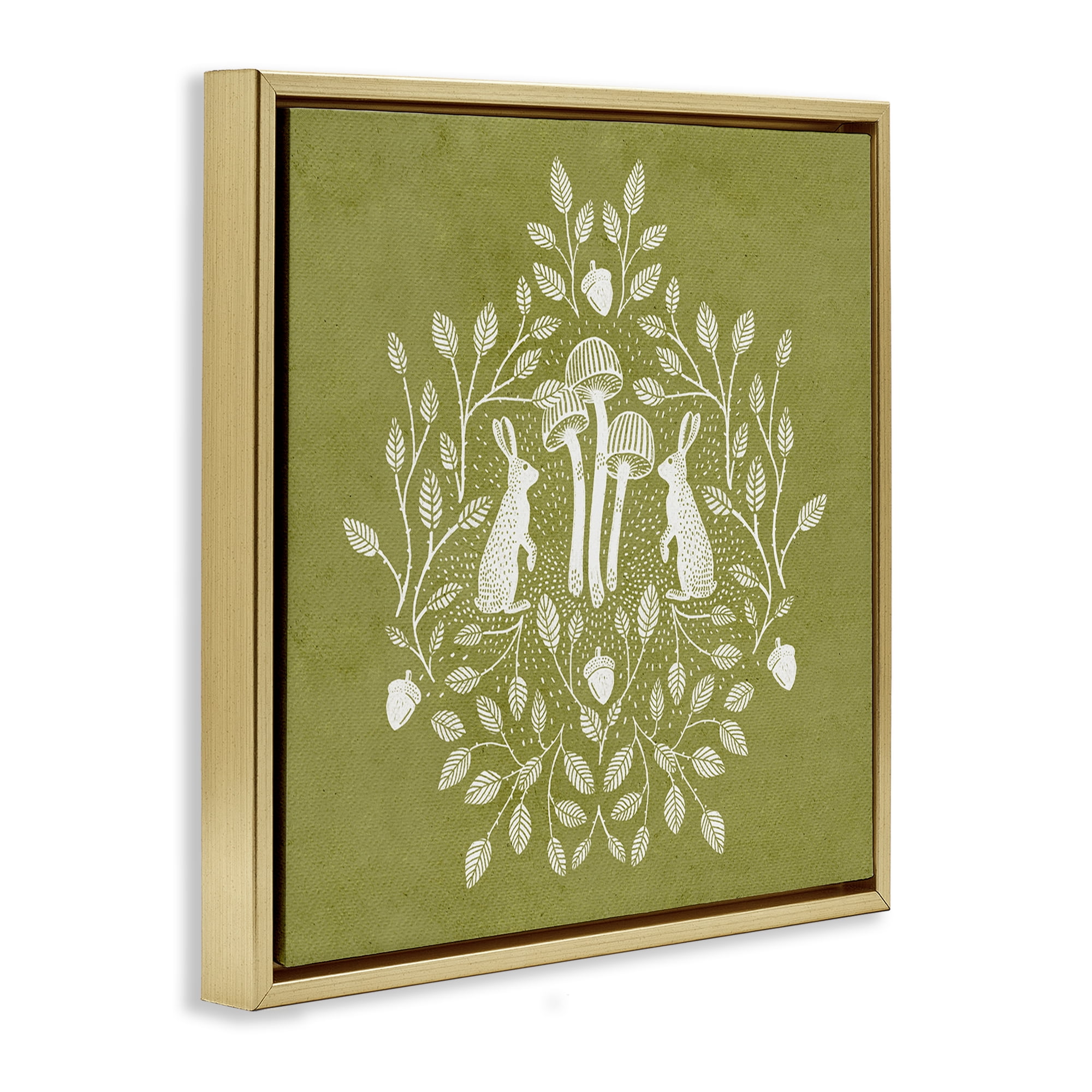 Stupell Industries Olive Green Botanical Rabbits Plants & Flowers Painting Gold Floater Framed Canvas Art Print Wall Art, 25 x 25