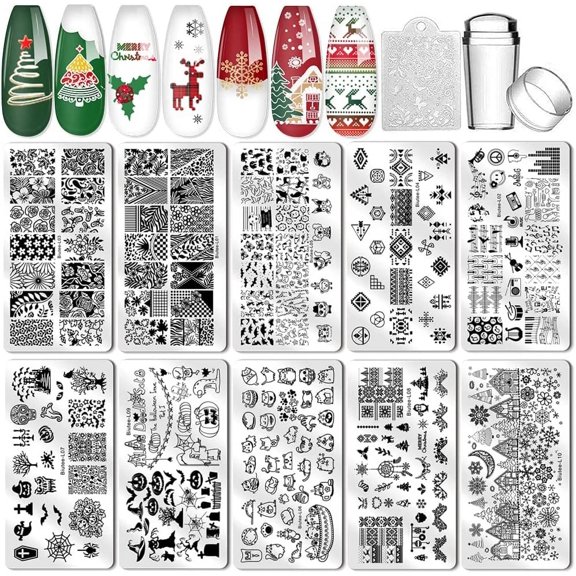 Nail Stamping Plates 10pcs Templates with Stamper Nail Stamper Nail Art Plates Kits Template Plates Leaves Flowers Animal Holiday Design