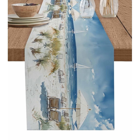 Coastal Beach Wave Table Runner 60 Inches, Summer Ocean Abstract Oil Painting Art Bed Runner Dresser Scarves Tabletop for Indoor Outdoor Parties/Ceremony/Banquet, 13" x 60"