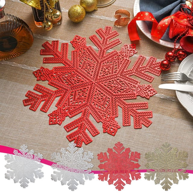 Round Snowflake Placemats, Gold PVC Plastic, 17.3x17.3, Washable & Wipeable for Easy Cleaning, Heat-Resistant and Stain-Resistant for Wedding Party Decor and Holiday Table Settings