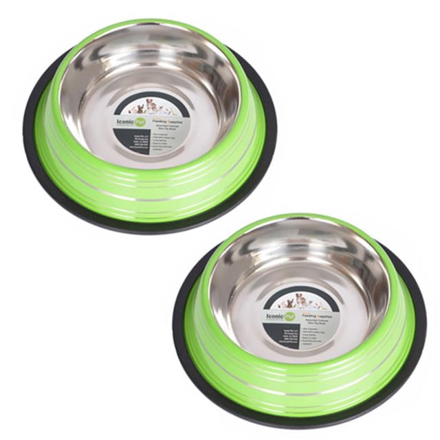 Iconic Pet 51452 96 oz. Color Splash Stripe Non-Skid Pet Bowl - Green