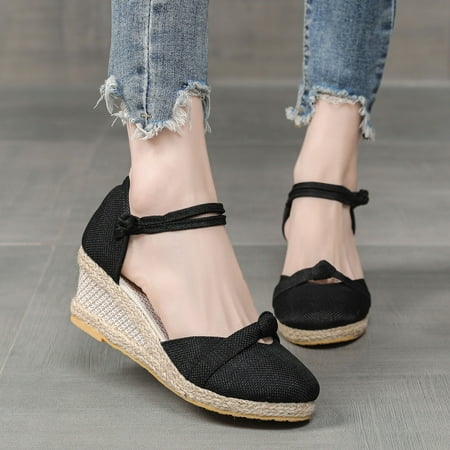 

kpoplk Sandals For Women Dressy Summer Womens Open Toe Wedges Tie Lace Up Cute Ankle Strap Platform Sandals Shoes(Black)